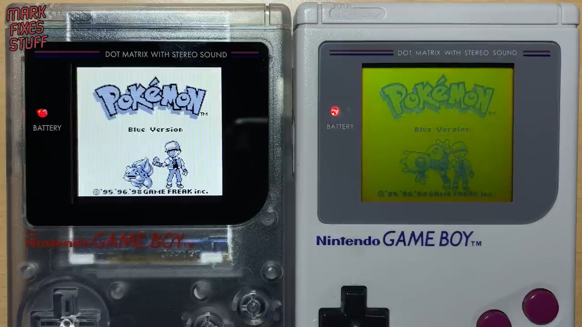 A side-by-side comparison of an old Game Boy Screen and a new IPS modded screen by Mark Fixes Stuff