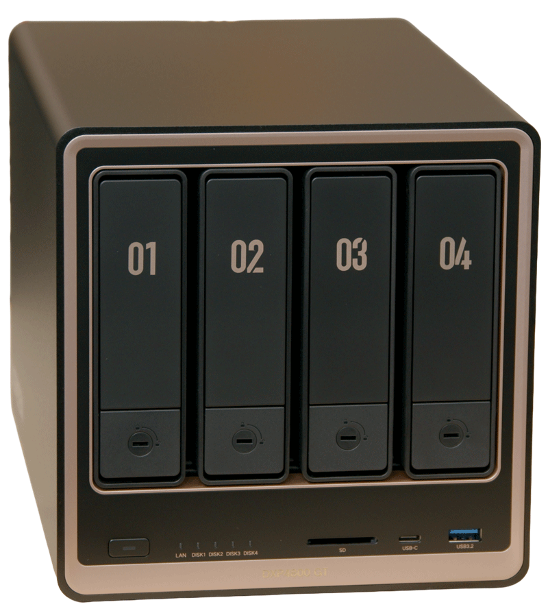 Front view render of the UGREEN NAS DXP4800 GT showing the four drive bays and front ports