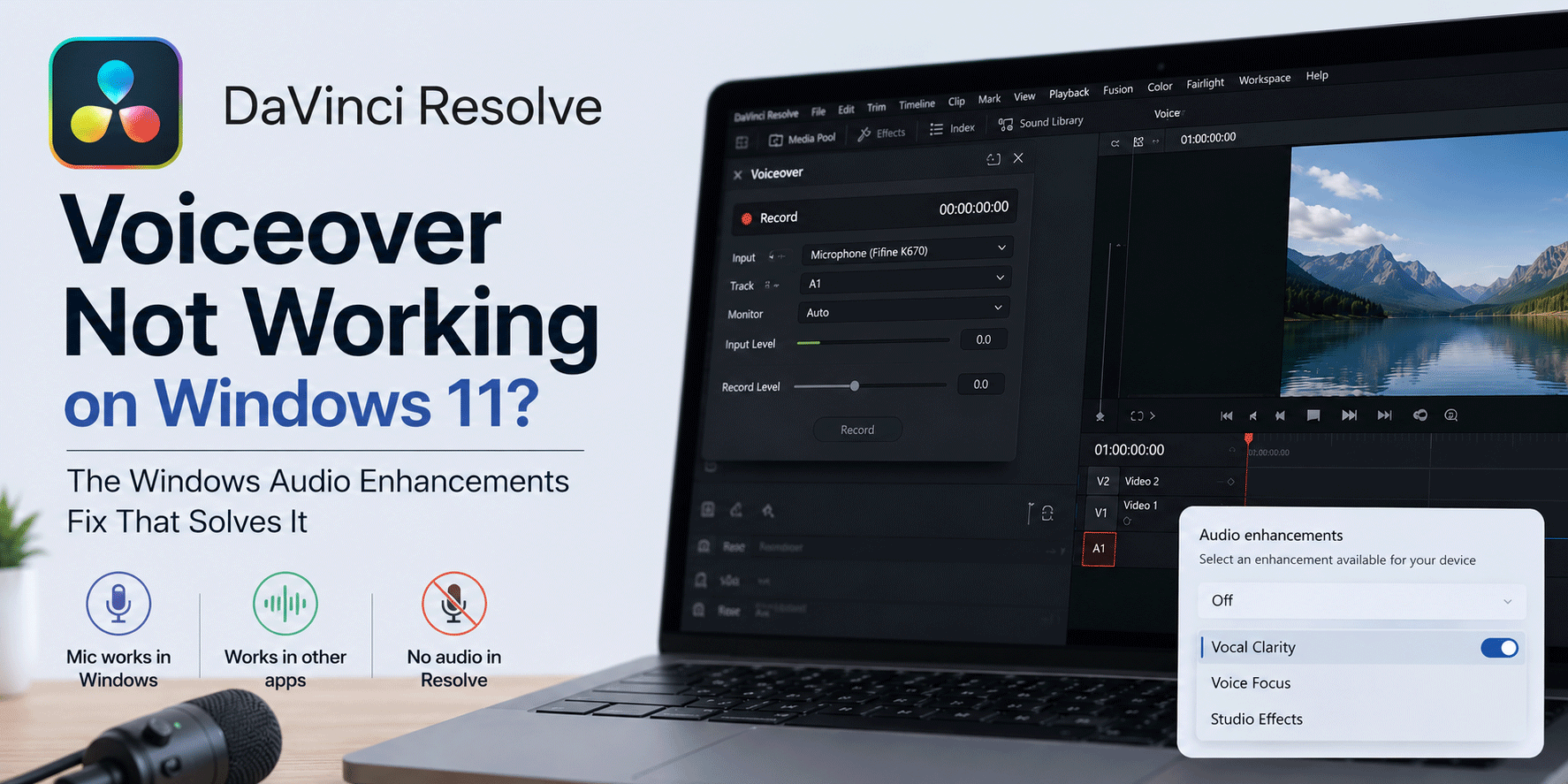 DaVinci Resolve voiceover not working on Windows 11 due to microphone audio enhancements
