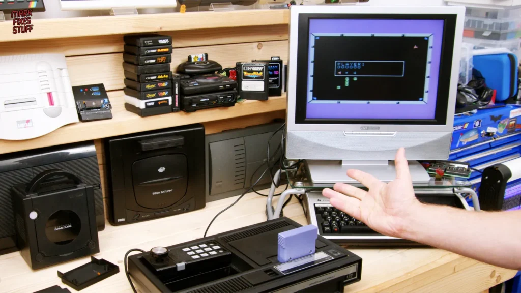  3D printed ColecoVision cartridge shell holding a rescued Omega Race PCB
