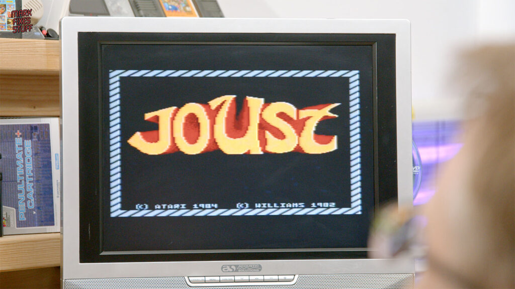 Joust title screen displayed on a television during Atari 7800 testing