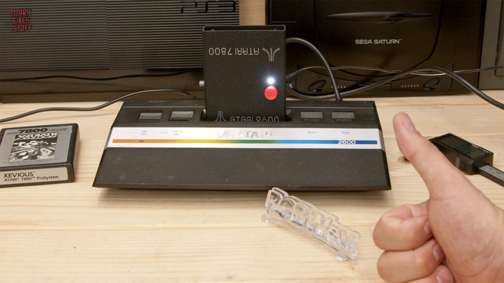 Finished Pico A10400 multicart fitted in an Atari 2600 Junior, with Mark giving a thumbs up